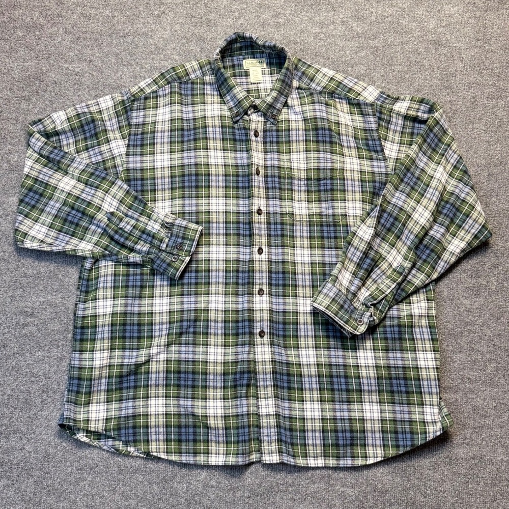 LL Bean Flannel Shirt Mens XXL Blue Green Plaid Long Sleeve Pocket‎ Outdoor